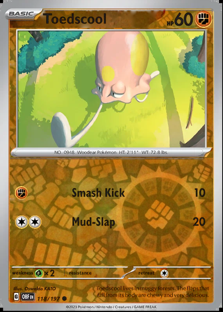 Toedscool 118/197, Obsidian Flames, Reverse Holo, representative matte composite