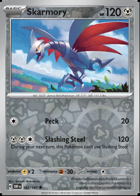 Skarmory 142/197, Obsidian Flames, Reverse Holo, representative matte composite