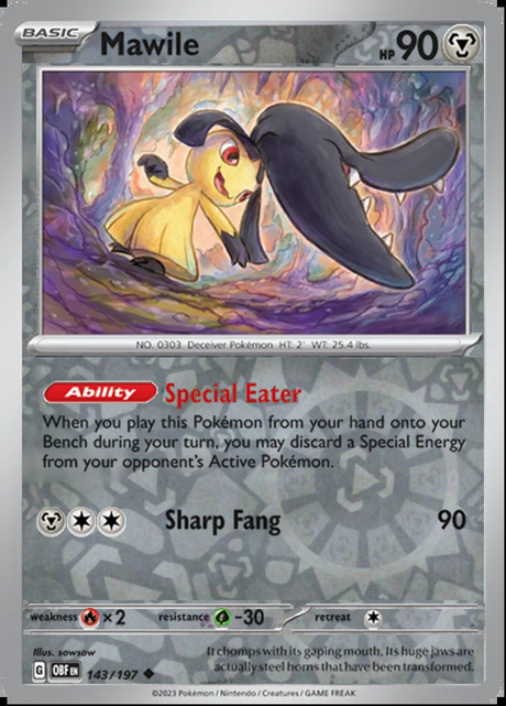 Mawile 143/197, Obsidian Flames, Reverse Holo, representative matte composite