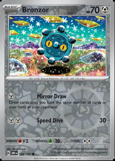 Bronzor 144/197, Obsidian Flames, Reverse Holo, representative matte composite