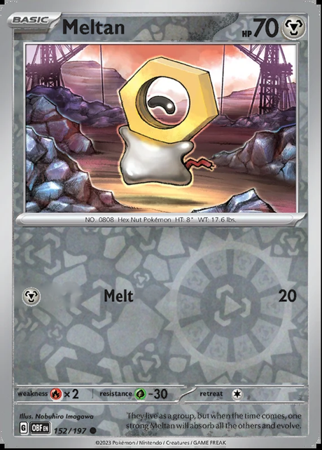 Meltan 152/197, Obsidian Flames, Reverse Holo, representative matte composite