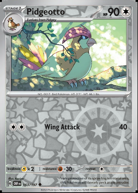 Pidgeotto 163/197, Obsidian Flames, Reverse Holo, representative matte composite