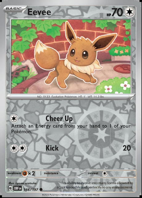 Eevee 166/197, Obsidian Flames, Reverse Holo, representative matte composite