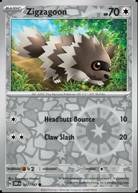 Zigzagoon 167/197, Obsidian Flames, Reverse Holo, representative matte composite
