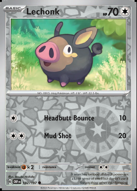 Lechonk 182/197, Obsidian Flames, Reverse Holo, representative matte composite