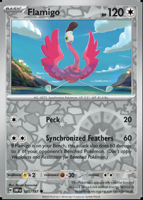 Flamigo 185/197, Obsidian Flames, Reverse Holo, representative matte composite