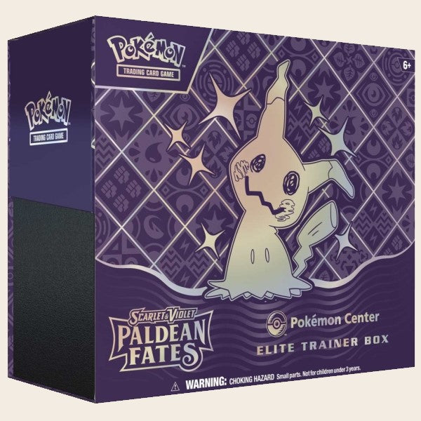Paldean Fates Pokémon Center Elite Trainer Box – sealed box with 2 Shiny Mimikyu promos and 11 booster packs