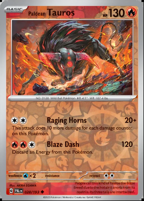Paldean Tauros 028/193, Paldea Evolved, Reverse Holo, representative matte composite