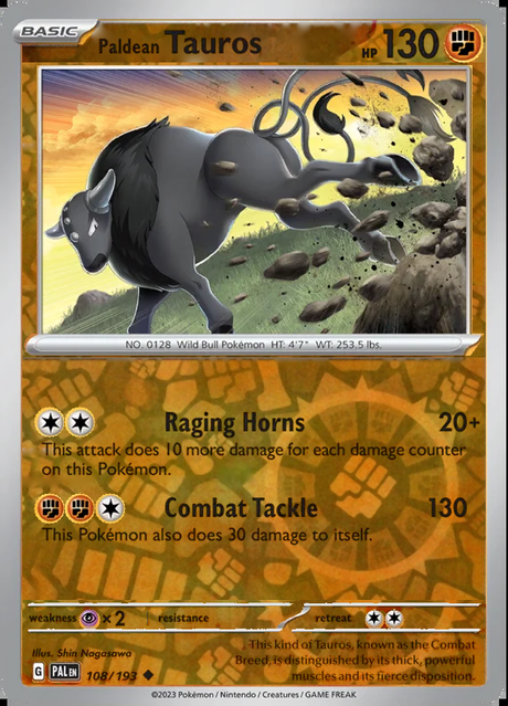 Paldean Tauros 108/193, Paldea Evolved, Reverse Holo, representative matte composite
