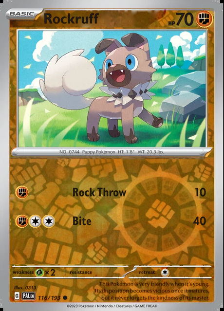Rockruff 116/193, Paldea Evolved, Reverse Holo, representative matte composite