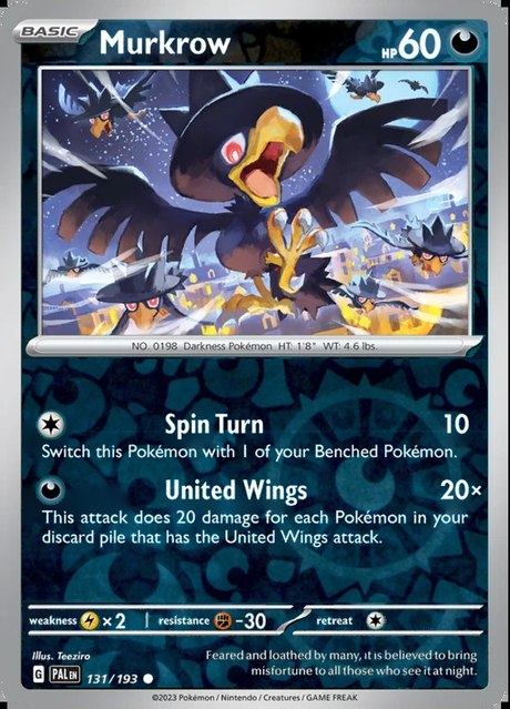 Murkrow 131/193, Paldea Evolved, Reverse Holo, representative matte composite