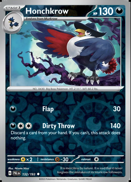 Honchkrow 132/193, Paldea Evolved, Reverse Holo, representative matte composite
