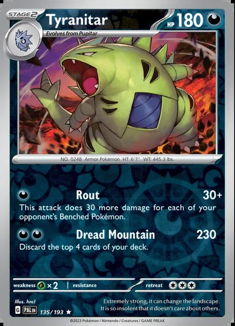 Tyranitar 135/193, Paldea Evolved, Reverse Holo, representative matte composite