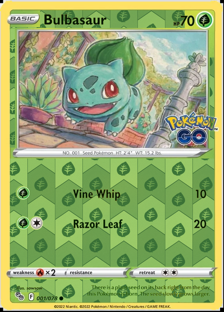 Bulbasaur 001/078, Pokémon GO, Reverse Holo finish, representative matte composite
