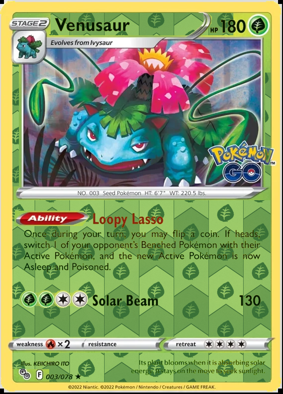 Venusaur 003/078, Pokémon GO, Reverse Holo finish, representative matte composite