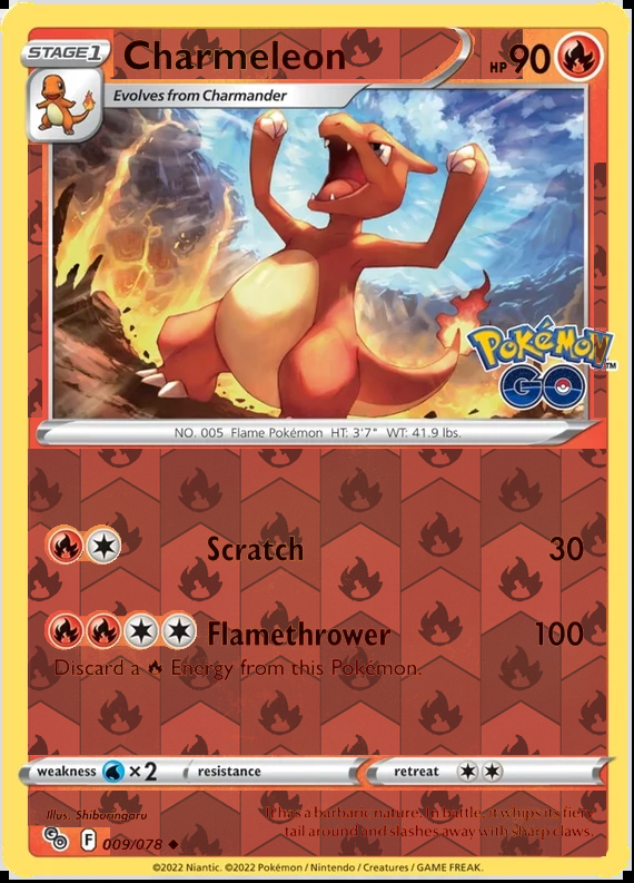 Charmeleon 009/078, Pokémon GO, Reverse Holo finish, representative matte composite