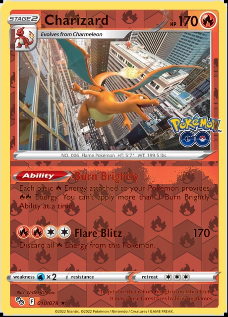 Charizard 010/078, Pokémon GO, Reverse Holo finish, representative matte composite