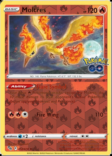 Moltres 012/078, Pokémon GO, Reverse Holo finish, representative matte composite