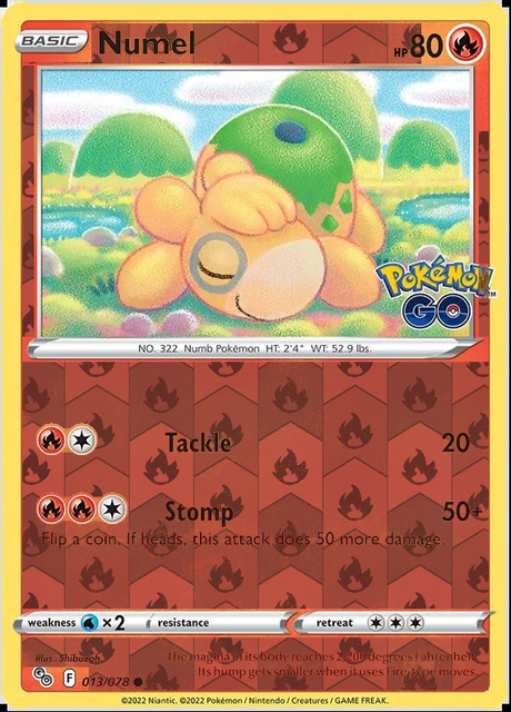 Numel 013/078, Pokémon GO, Reverse Holo finish, representative matte composite