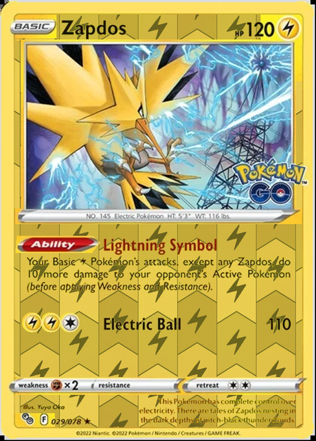 Zapdos 029/078, Pokémon GO, Reverse Holo finish, representative matte composite