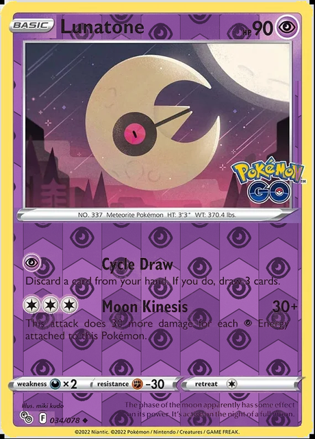 Lunatone 034/078, Pokémon GO, Reverse Holo finish, representative matte composite