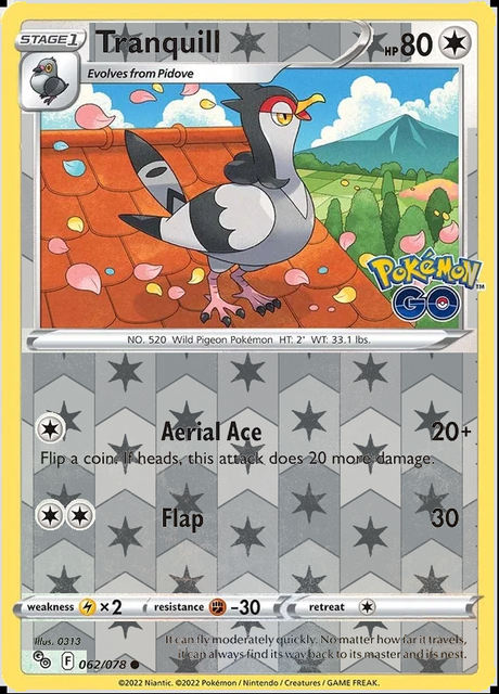 Tranquill 062/078, Pokémon GO, Reverse Holo finish, representative matte composite