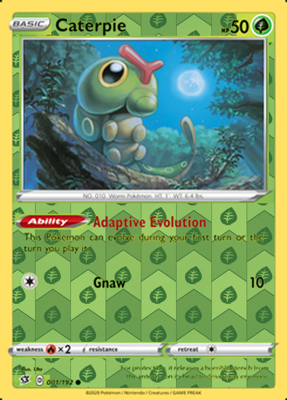 Caterpie 001/192, Rebel Clash, Reverse Holo finish, representative matte composite
