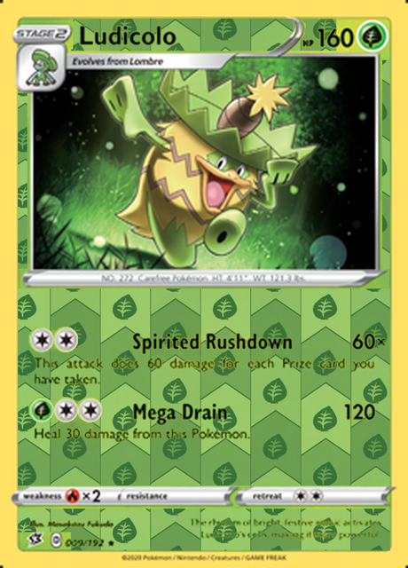 Ludicolo 009/192, Rebel Clash, Reverse Holo finish, representative matte composite