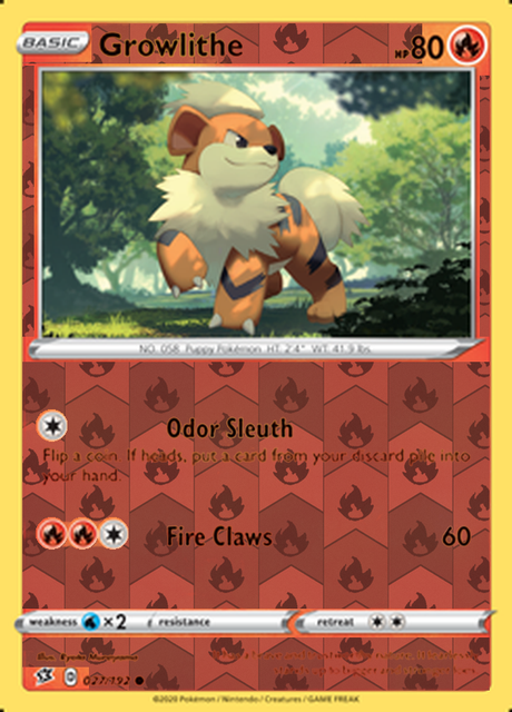 Growlithe 027/192, Rebel Clash, Reverse Holo finish, representative matte composite