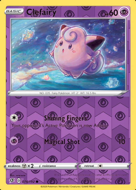 Clefairy 074/192, Rebel Clash, Reverse Holo finish, representative matte composite