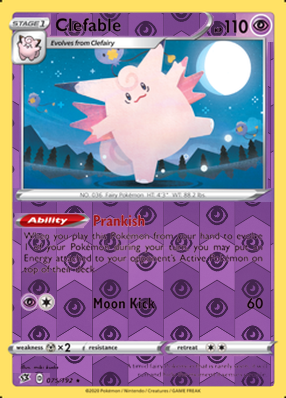 Clefable 075/192, Rebel Clash, Reverse Holo finish, representative matte composite