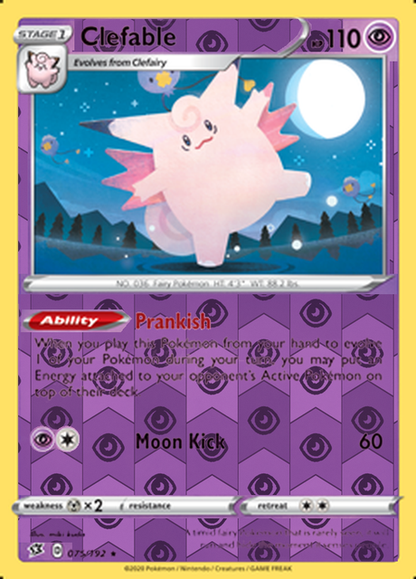 Clefable 075/192, Rebel Clash, Reverse Holo finish, representative matte composite