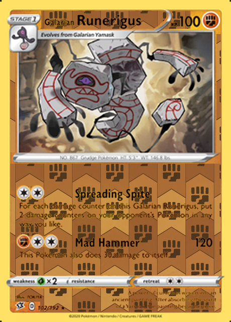 Galarian Runerigus 102/192, Rebel Clash, Reverse Holo finish, representative matte composite