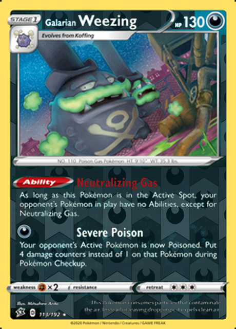 Galarian Weezing 113/192, Rebel Clash, Reverse Holo finish, representative matte composite