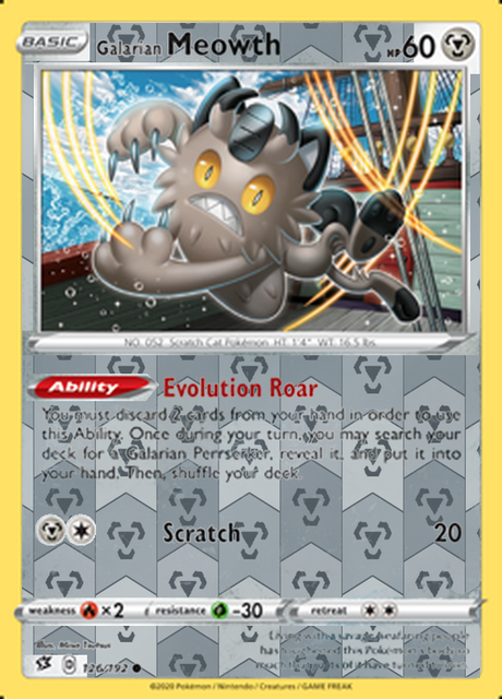 Galarian Meowth 126/192, Rebel Clash, Reverse Holo finish, representative matte composite