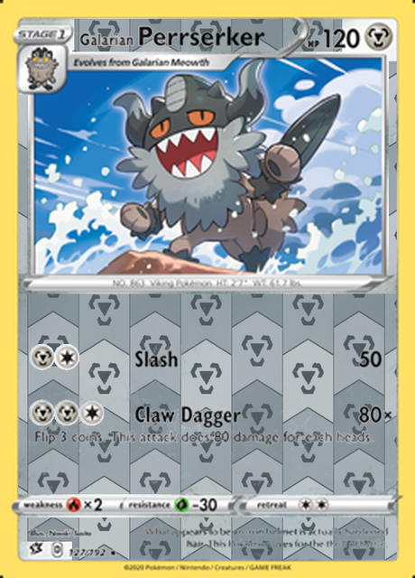 Galarian Perrserker 127/192, Rebel Clash, Reverse Holo finish, representative matte composite