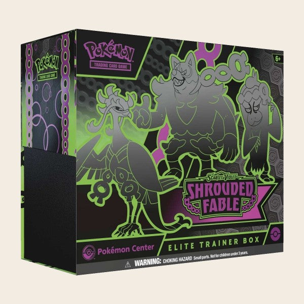Pokémon Center Shrouded Fable Elite Trainer Box featuring Okidogi ex, Munkidori ex, Fezandipiti ex