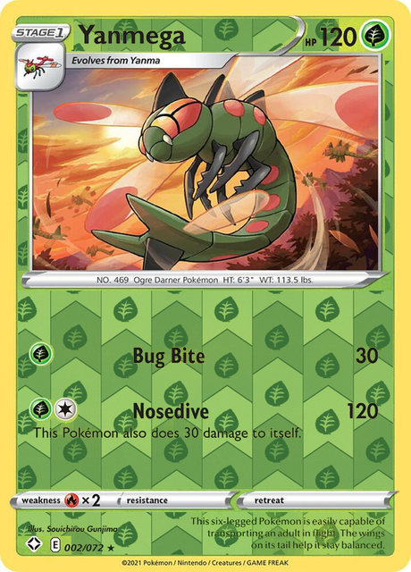 Yanmega 002/072, Shining Fates, Reverse Holo finish, representative matte composite
