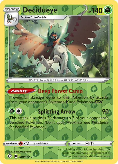 Decidueye 008/072, Shining Fates, Reverse Holo finish, representative matte composite