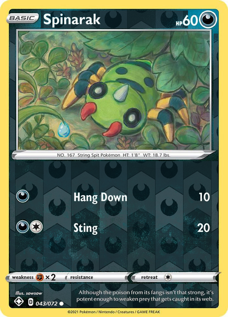 Spinarak 043/072, Shining Fates, Reverse Holo finish, representative matte composite