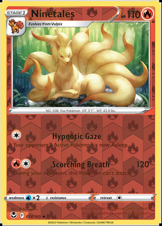 Ninetales 018/195, Silver Tempest, Reverse Holo finish, representative matte composite