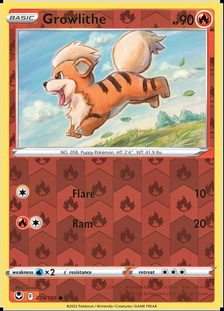 Growlithe 019/195, Silver Tempest, Reverse Holo finish, representative matte composite