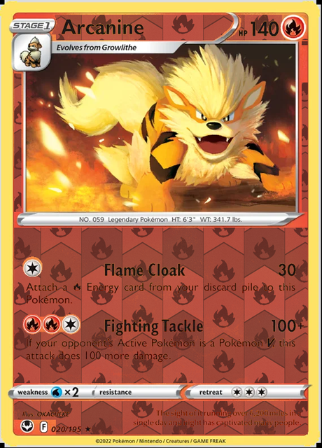 Arcanine 020/195, Silver Tempest, Reverse Holo finish, representative matte composite