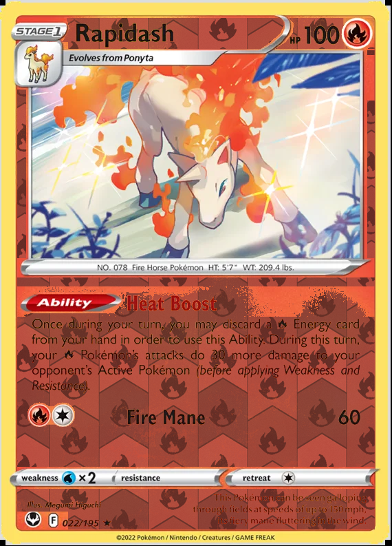 Rapidash 022/195, Silver Tempest, Reverse Holo finish, representative matte composite
