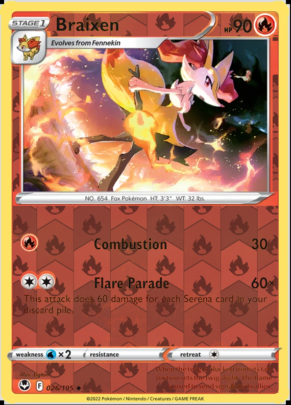Braixen 026/195, Silver Tempest, Reverse Holo finish, representative matte composite