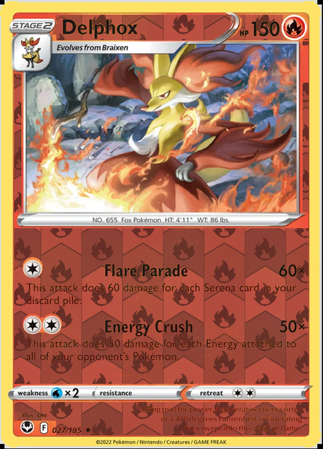 Delphox 027/195, Silver Tempest, Reverse Holo finish, representative matte composite