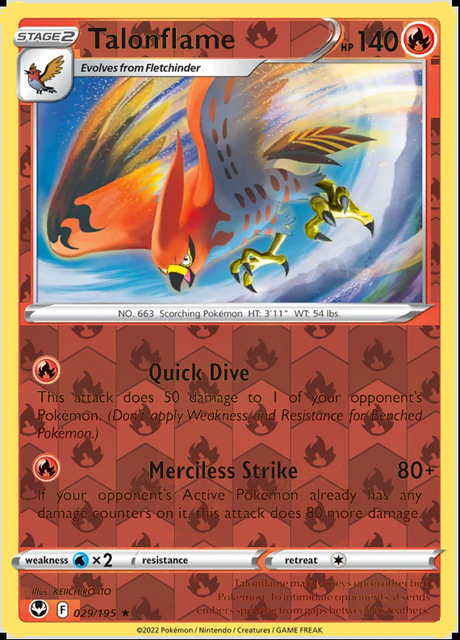 Talonflame 029/195, Silver Tempest, Reverse Holo finish, representative matte composite