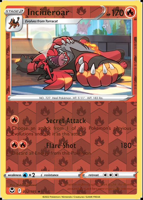 Incineroar 032/195, Silver Tempest, Reverse Holo finish, representative matte composite