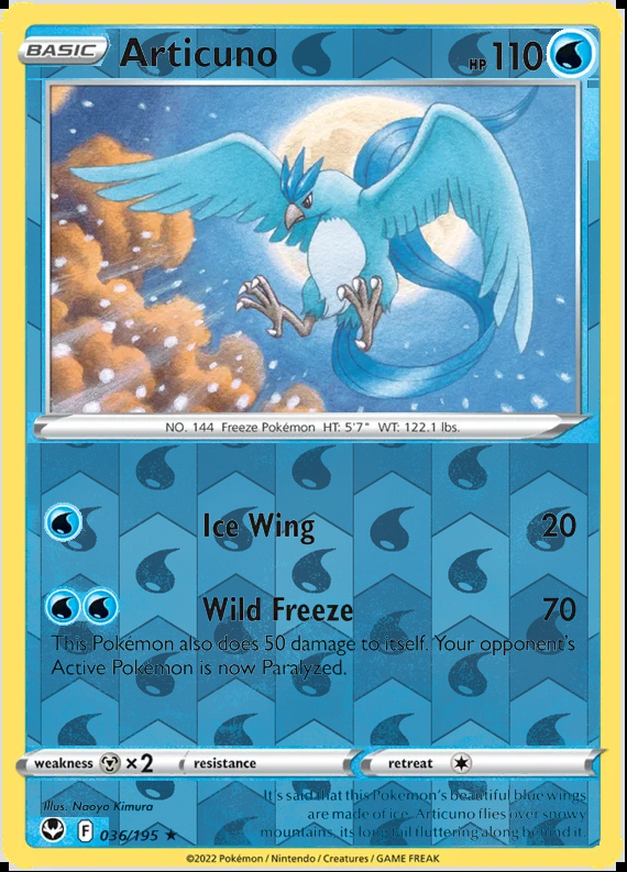 Articuno 036/195, Silver Tempest, Reverse Holo finish, representative matte composite
