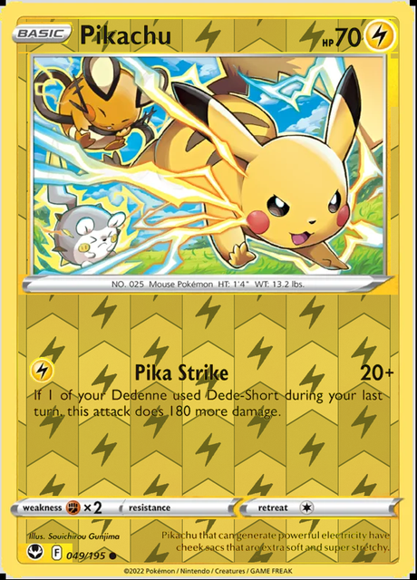 Pikachu 049/195, Silver Tempest, Reverse Holo finish, representative matte composite